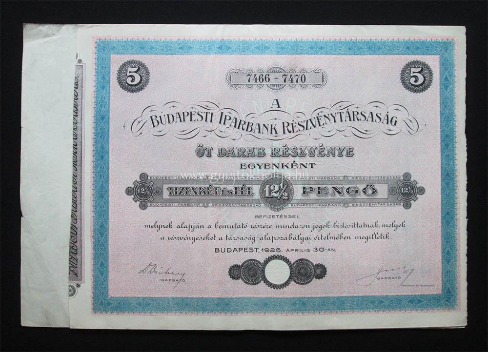 Budapesti Iparbank részvény 5x12,5 pengõ 1926